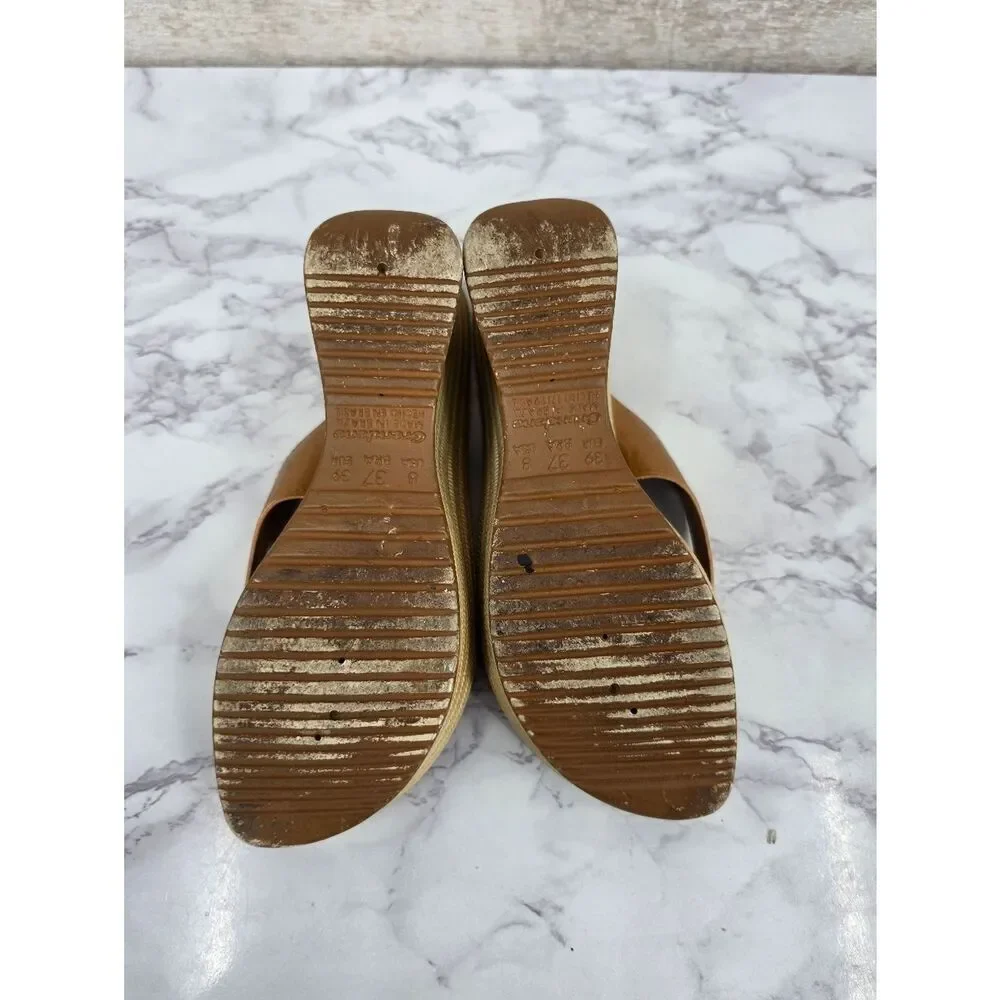 Y2K Vintage Wedge Platform Thong Sandals in Tan Leather Sttraps